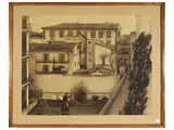 Fillide Levasti, Courtyard with woman hanging out clothes, circa 1936-1937, charcoal and brown pencil on paper