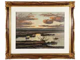 Lake landscape at sunset by Gino Romiti, oil on hardboard, offered Feb 2023