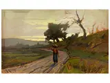 Renuccio Renucci, Glimpse of a country road with a peasant woman, oil on panel