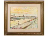 Landscape on the Arno with fisherman 1969 by Guido Borgianni, oil on canvas, offered Feb 2023
