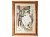 Quinto Martini, Woman sewing, tempera on paper laid down on canvas