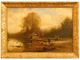 Louis-François Thomas, River landscape with washerwomen, oil on canvas