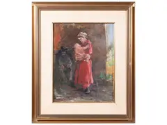Woman with child and old man by Francesco Bausi, oil on faesite, offered Feb 2023