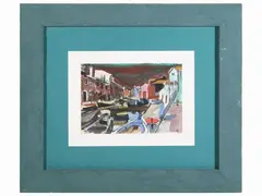 Dina Bellotti, Canal with boats, watercolour on paper laid on cardboard