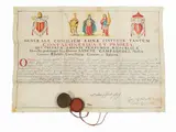 Benedetto XIV, Tre bolle papali, pergamenacea acquerellata con sigillo di ceralacca in scatolina in lamina d'ottone originale