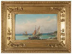 View of port with boats by Emilio Donnini, oil on tablet, offered Dec 2022