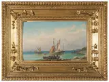 Emilio Donnini, View of port with boats, oil on tablet