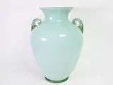 Flavio Poli attribuito, Large cased glass vase, Murano around 1940, in shades of water green with handles and foot with gold leaf