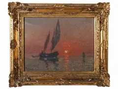 Marina at sunset with sailboat by Beppe Ciardi, oil on cardboard, offered Nov 2022