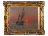 Beppe Ciardi, Marina at sunset with sailboat, oil on cardboard
