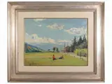 Renato Bontempi, Mountain landscape with characters, oil on tablet