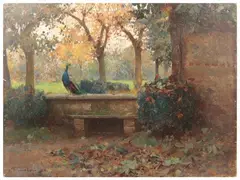 Vittorio Cavalleri, Glimpse of a garden with peacock, 1891, oil on panel