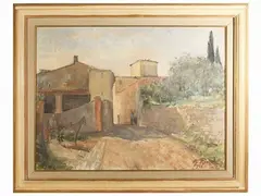 Village with figures and donkey 1954 by Ugo Pignotti, oil on canvas, offered Nov 2022
