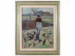 Neno Mori, Young girl with chickens, oil on tablet