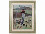 Neno Mori, Young girl with chickens, oil on tablet
