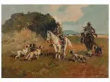 The two hunters by Carlo Domenici, oil on tablet, offered Nov 2022