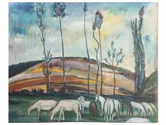 Antonio Berti, Landscape with horses, oil on panel