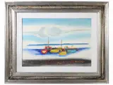 Boats at the mooring by Enrico Paulucci, watercolor on cardboard applied on canvas, offered Nov 2022