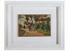Tree-lined avenue with people, 1955 by Basso Ragni, oil on panel, offered Nov 2022