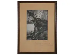 Glimpse of the sea with boats by Francesco Chiappelli, etching, offered Nov 2022