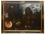 Still life with a male figure in a landscape by Francesco Montelatici detto Cecco Bravo, 1601, oil on canvas, offered Jul 2022