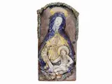 Ugo Lucerni, Madonna and Child with cherubs, bas-relief in glazed terracotta in shades of blue and yellow with golden highlights