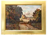 Foreshortening of country road with flock by Gino Romiti, oil on panel, offered Jun 2022