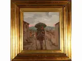 Enrico Corazzi, Landscape with carriage and characters, oil on tablet