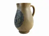 Galileo Chini, Salted stoneware jug, Thirties, painted and engraved in blue monochrome with opposing seahorses and geometric motifs within a circular reserve