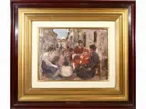 Cesare Ciani, Glimpse of the village with characters, oil on cardboard