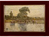 Luigi Gioli, River landscape with herd of horses, preparatory oil sketch on panel