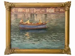 Paesaggio marino con barca by Ettore Morteo, oil on tavoletta, offered May 2022