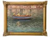 Ettore Morteo, Paesaggio marino con barca, oil on tavoletta