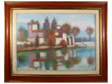 Landscape on the Arno by Dino Migliorini, oil on faesite, offered May 2022