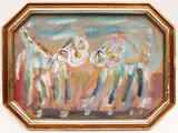 Two cats by Silvio Loffredo, oil on octagonal masonite panel, offered May 2022