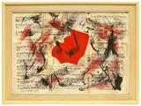 Arturo Carmassi, Composition with musical scores, 1986, mixed technoque and collage on cardboard