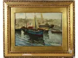 Giuseppe Scognamiglio, View of a port, oil on panel