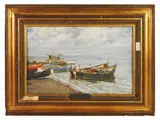 Romolo Leone, Seascape with boats and fishermen, oil on panel