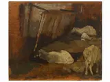 Pecore nell'ovile by Giovanni Fattori, oil on panel, offered Mar 2022