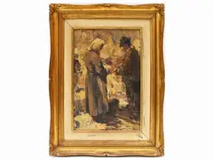 Detail of the painting (Fiera a Vicchio) by Ferruccio Rontini, oil on tablet, offered Mar 2022