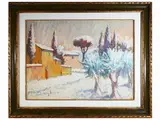 Snowy landscape by Dino Migliorini, oil on hardboard, offered Mar 2022