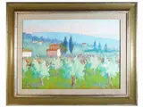 Tuscan landscape by Dino Migliorini, 1907, oil on faesite, offered Mar 2022