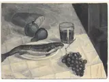 Quinto Martini, Still life with fish and fruit, oil on faesite