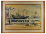 Michele Ortino, View of a port 1940, watercolor on paper