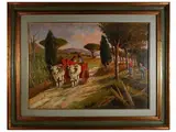 Renzo Martini, Street view with characters and oxen, oil on faesite