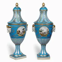 Carlo Preda, Pair of polychrome porcelain vases, decorated in gold with vegetal patterns