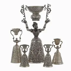 Carlo Preda, Five silver love cups, body chiselled and engraved with floral