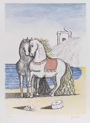 Cavalli con gualdrappa rossa (Cavalli in riva all'Egeo) by Giorgio de Chirico, 1976, lithograph a sette colori, offered Nov 2016