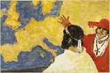Salvatore Fiume, Illustrazione di Carlo Magno «Il Vescovo Teodulfo mostra a Carlo Magno la dimensione fisica del suo impero», 1993, oil on faesite