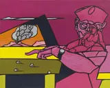 Valerio Adami, Quadri nel paesaggio (figure insolite), studio, oil on canvas